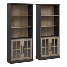 two wooden bookcases with glass doors on each side and one door open in the middle