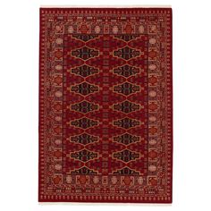 a red and black rug with an intricate design on the bottom, in front of a white background