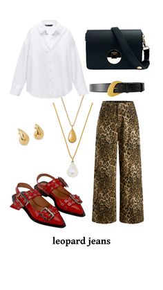 How to style leopard print this season. Go bold with leopard print trousers and pair it with a hint of red with the must-have Ganni red shoes. Add hints of gold with the accessories. Buckle Shoes Outfit, Ganni Shoes Outfit, Styling Leopard Print, Ganni Shoes, Mary Janes Outfit, Red Shoes Outfit, Leopard Trousers