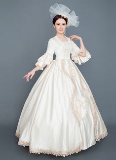 Champagne Rococo Lolita Victorian Dress Vintage Rococo Southern Belle Photography Clothing Reenactment Costume     Condition: Brand New   Color:  As Picture   Material: Satins And Lace   Silhouette: Ball Gown   Sleeve Length: Half  Sleeve   Dresses Length:Floor-Length   Neckline: Square Collar   Decoration: Lace   Style: Vintage     Includes: Dress + Hat Marie Antoinette Wedding Dress Historical Design, Regency Style Baroque Dress For Costume Party, Regency Style Ball Gown Dresses For Vintage Events, Historical Ball Gown Dresses For Theater, Victorian White Ball Gown Dress, Historical Ball Gown For Theater, White Victorian Ball Gown Dresses, Historical Ball Gown For Vintage Events, Victorian White Ball Gown