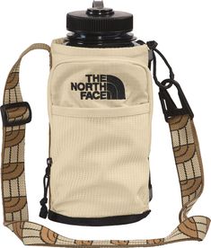 the north face water bottle holder with strap in beige and brown checkerboard pattern