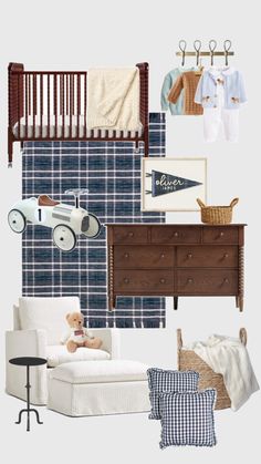 Baby nursery, baby crib, plaid rug, gingham pillows, dark wood furniture Vintage Baby Boy Nursery, Vintage Baby Boys, Dream Nurseries, Nursery Room Inspiration, Baby Boy Nursery