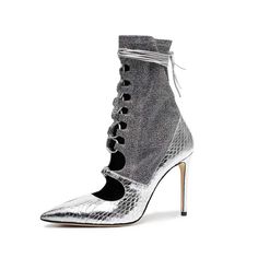 TAAFO Silver Python Lace Up Stiletto Heels Boots Pointy Toe Ankle Boots US 3 / EU 33-Silver Pointed Toe Ankle Boots, Cowboy Shoes, Boots Square Toe, Suede Boots Knee High, Loafers Shoes, Heels Boots, Wedge Boots, Handmade Shoes, Python