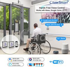 a man sitting in a wheelchair next to an open glass door with the message hands free voice control works with google home, if it