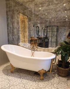 a bathroom with a bathtub, potted plant and mirror on the wall next to it