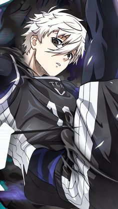 an anime character with white hair and black clothes