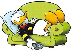 a cartoon character laying on top of a green couch