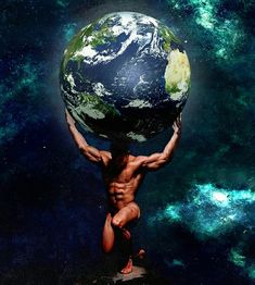 a man holding the earth on his shoulders