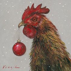 a painting of a rooster with a christmas ornament hanging from it's nose