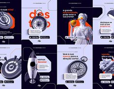 an image of brochures designed to look like ancient greek statues and clocks with captions