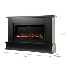 the electric fireplace is shown with measurements for it's size and features an open flame