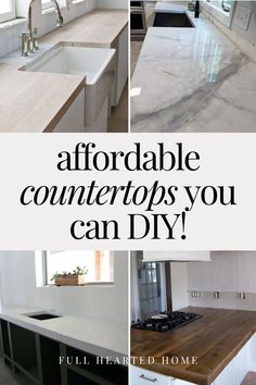 the kitchen counter top is white and has black lettering on it that says,'affordable countertops you can diy '