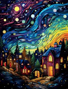 the night sky with stars and houses on it, as if they were painted in acrylic paint