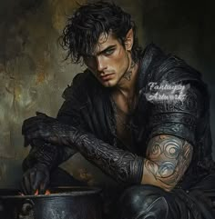 a painting of a man with tattoos on his arm holding a pot and looking down