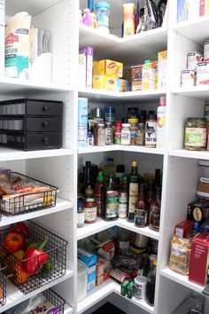 an organized pantry with lots of food and condiments