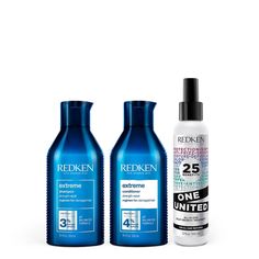 Repair damaged hair with this haircare trio. ONE UNITED Redken's One United is a 25-benefit leave-in nourishing treatment formulated with lactic acid and coconut oil to increase manageability, protection, and overall hair health. BENEFITS • Provides lightweight Conditioning • Enhances the caring benefits of other leave-in treatments • Softens the touch of texture of the styling products • Conditions and nourishes hair • Helps even porous hair • Reduces hair dryness • Help to detangle hair • Strengthens hair • Primes hair for styling and helps prevent hair breakage from brushing • Safe for color-treated hair and ombre hair • Helps prevent heat damage from hair hot tools • Helps prevent split ends and seal in hair cuticle • Helps protect hair from external aggressors • Gives hair a silky tou Appliance Closet, Redken Extreme Shampoo, Hippie Dreads, Redken Extreme, Porous Hair, Restore Damaged Hair, Detangle Hair, Hair Dryness, Hair Cuticle