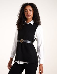 Stay comfy and casual in this 2 in 1 combo. This vest and shirt duo is easy to wear for any occasion. Pair with black jeans for simple elegant look. Vest: 42% Acrylic, 30% Polyester, 28% Polyamide Made in China Machine washableSleevelessRound crew neck Belted waistModel wears a size S Model height: 5ft 11 / 180cm Versatile Stretch Sweater Vest For Layering, Black Vest For Fall Layering, Stretch Sweater Vest For Everyday Fall Wear, Chic Stretch Sweater Vest For Layering, Black Vest For Business Casual Fall Season, Versatile Black Tops For Business Casual, Versatile Stretch Sweater Vest, Classic Black Sweater Vest For Fall, Classic Black Sweater Vest For Spring