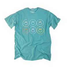 Playful Crew Neck Tops, Playful Soft-washed Crew Neck Tops, Cotton Short Sleeve Top With Smiley Face, Fun Cotton Tops With Smiley Face, Fun Cotton Top With Smiley Face, Casual Smiley Face Top, Playful Relaxed Fit Soft-washed Tops, Cotton Smiley Face T-shirt With Crew Neck, Cotton Smiley Face Crew Neck T-shirt