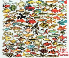 a cross stitch pattern with many different colored fish on the front and back of it