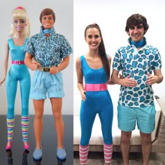 two pictures of barbie dolls and a man in swimsuits standing next to each other