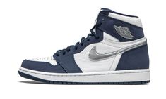 The Air Jordan 1 High Co. Jp “Midnight Navy” is one of several exclusive colorways that originally appeared in Nike’s celebrated “Concept Japan” series that returned as a global release in 2020.  The “Midnight Navy” was one of the first Jordan 1s to feature a navy color scheme when it did so all the way back in 2001.  As it was back then, the colorway remains fresh and versatile today.  The upper displays a white leather construction on the perforated toe, mid-panel, and collar.  Contrasting Mid Nike Blazer Shoes, Navy Color Scheme, Blazer Shoes, Nike X Travis Scott, Jordan Shoes Girls, Air Force 1 High, Nike Shoes Jordans, Exclusive Sneakers, Jordan 1s