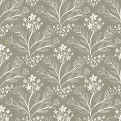 a pattern with white flowers and leaves on a gray background