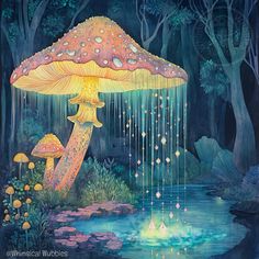 a painting of a mushroom with rain falling from it