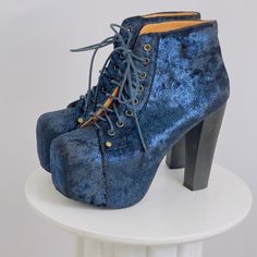 These Are Just So Incredible! Love The Shine With The Velvet. They Look Fab! These Are Lita, Which Are A Known Staple For Jeffrey Campbell Shoes. They Are Brand New, With No Box. Blue Platform Boots For Party, Blue Leather Party Boots, Blue High Heel Platform Boots For Party, Blue Platform Boots With Pointed Toe, Blue Lace-up Boots With Reinforced Heel, Blue Leather Heels For Winter, Blue High Heel Boots With Reinforced Heel, Blue High Heeled Boots With Reinforced Heel, Blue High Heel Platform Boots