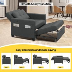 an image of a couch and ottoman in the living room with text overlaying it that reads easy convertible and space saving