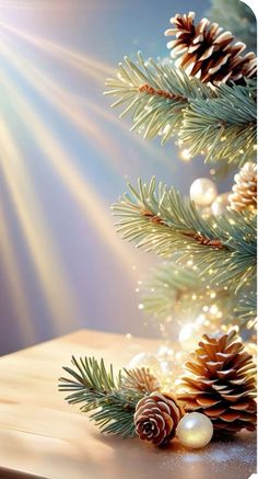 pine cones and ornaments on a table with sunlight coming through the trees in the background