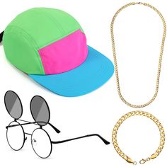 two hats, sunglasses and a chain on a white background with the same item in front of them