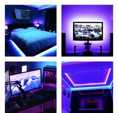 there are four different pictures of a bedroom with purple lighting on the walls and in the bed