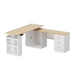 an office desk with two drawers and a book shelf