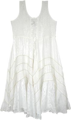 An all-season medieval style long tank dress in moon white with a simple scooped neck and tie-ups at the front.  This sleeveless dress has embroidery and a beautiful lace work alongside the stylized panels. #tlb #Sleeveless #Embroidered #Lace #XLPlus #MedievalDress #RenaissanceDress #WesternDress #RayonDress Spring Sleeveless Corset Dress With Lace Patchwork, Sleeveless Lace Festival Dress, Festival Sleeveless Lace Dress, Sleeveless Lace Dress For Festival, Bohemian Corset Dress For Spring, Bohemian Boho Dress With Lace Trim Sleeveless, Bohemian Sleeveless Boho Dress With Lace Trim, Spring Bohemian Corset Dress, Peasant Style Sleeveless Summer Dress