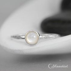 Pearl Promise Ring - Sterling Silver Mother of Pearl Gemstone Ring - Bezel-Set Engagement Ring- Whit Stackable Moonstone Jewelry Gift, Handmade Classic Opal Ring, Elegant White Moon Shaped Opal Ring, Elegant White Moon-shaped Opal Ring, Classic Handmade Round Opal Ring, Dainty White Jewelry With Bezel Setting, Delicate White Rings With Bezel Setting, Dainty Moon-shaped Rings For Gifts, Dainty Cabochon Rings As Gifts