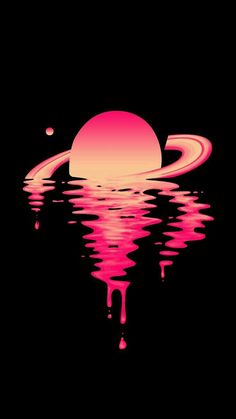 an orange and pink sunset over water with planets in the background on a black background