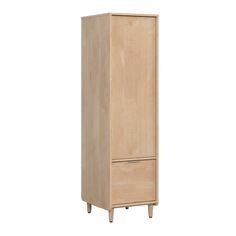 a tall wooden cabinet with two doors on one side and an open drawer on the other