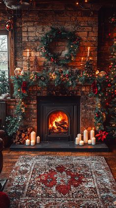 Cozy up by the roaring fireplace, draped in lush green garlands and twinkling lights. 🎄✨ The brick walls add a rustic charm, while glowing candles and a classic wreath bring that magical Christmas vibe. Perfect setting for a warm holiday get-together! 🎅❤️ #Christmas #cozy #fireplace #holiday #decor #rustic #winter #warmth #festive #vintage #home #interior #joy #seasonal #tradition Brick Fireplace With Green Walls, Fireplace Christmas Aesthetic, Cozy Fireplace Christmas, Classic Christmas Fireplace Decor, Log Home Christmas Decor, Log Cabin Christmas Decor Ideas, Brick Fireplace Christmas Decor, Christmas Fireplace Aesthetic, Vintage Christmas Aesthetic Cozy