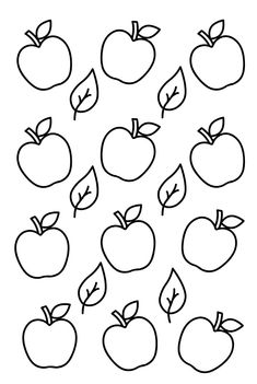 an apple coloring page with many different apples and leaves on the top one is black and white