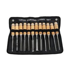 12 piece carving chisel set in black case with wooden handles and metal tips on each side