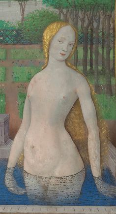 a painting of a woman with long blonde hair and no shirt sitting on a blue surface