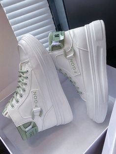 2024 New Korean Style Casual Shoes For Women, Trendy Thick-Soled High-Top Sneakers For Female Students With Hoodie Pairing White and Green     Letter    Women Shoes, size features are:Bust: ,Length: ,Sleeve Length: Cheap Sporty High-top Sneakers With Nonskid Markings, K Pop Shoes, Cute Shoes Cheap, Designer Women Shoes, Cute High Top Shoes, Korean Shoes Aesthetic, Cute Korean Shoes, Korean Shoes Sneakers, Sneakers Fashion Summer