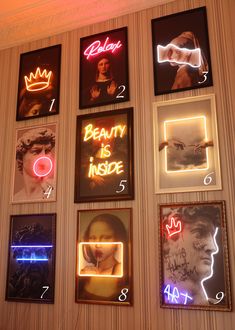 a wall with many different neon signs on it's sides and the words beauty is inside