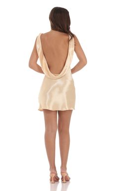 Satin Open Back Dress in Champagne | LUCY IN THE SKY Satin Open Back Dress, Short Champagne Dress, Pretty Mini Dresses, Upf Clothing, Grad Outfits, High Rise Style, Short A, Lucy In The Sky, Casual Day Dresses