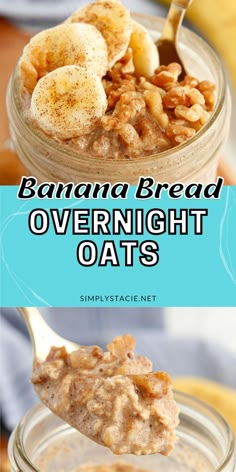 Two image collage of banana bread overnight oats. First image is the oats in a jar. Second image is the oats on a spoon. Banana Bread Overnight Oats, Overnight Oats Recipe Easy, Best Overnight Oats, Over Night Oats, Best Overnight Oats Recipe, Night Oats, Overnight Oatmeal Recipes, Oat Recipes Healthy, Overnight Oats Recipes