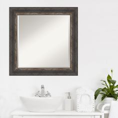 a bathroom sink sitting under a mirror next to a potted plant on a counter