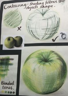 an apple is shown in three different stages of drawing and how to draw it with colored pencils