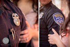 two pictures of police officers giving each other the thumbs up and pointing at something on their chest