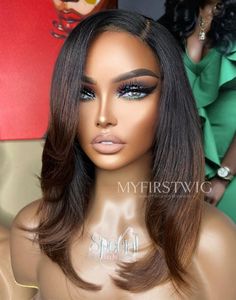 Styling Human Hair Wig, Curly Wig With Highlights Black Women, Glueless Wig Styles, 12 Inch Wig Hairstyles, 1b/30 Hair, Medium Length Lace Front Wigs, Brown Wig On Dark Skin, Microlinks Black Hair, Ombré Wigs