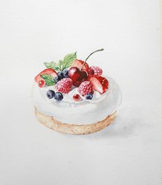 a painting of a cake with berries on top